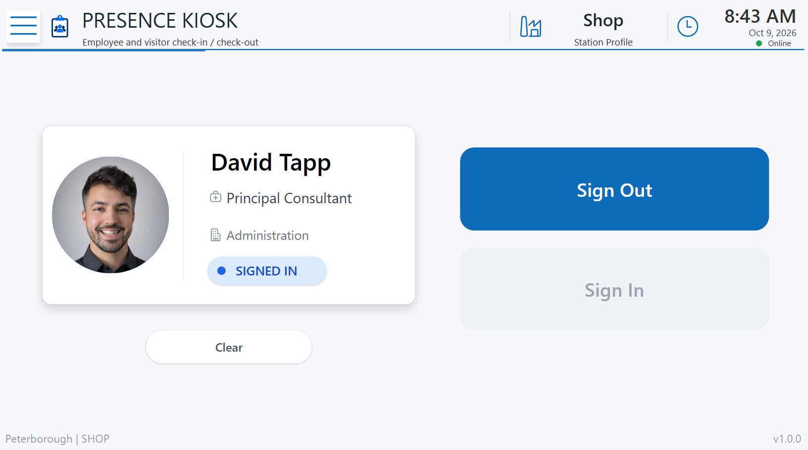 Employee profile card with signed-in status and a Sign Out button
