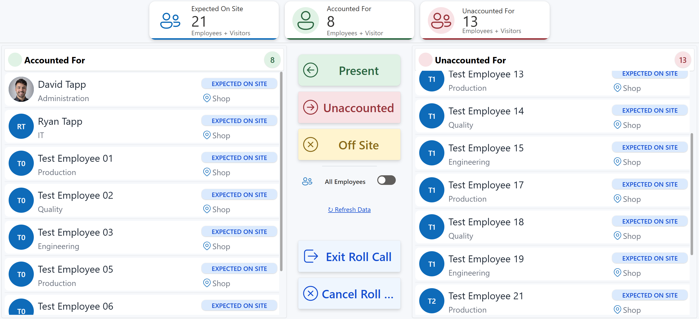 Emergency roll-call screen showing expected on site, accounted for, and unaccounted for totals and lists